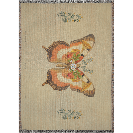 Butterfly and Marigold Woven Blanket | Botanical Illustration Blanket | Cotton Luxury Blanket