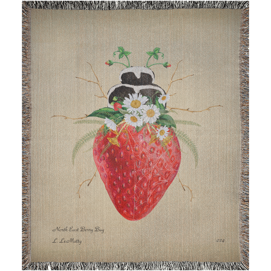North East Berry Bug Woven Blanket | Cotton Luxury Blanket | Botanical Illustration Home Decor